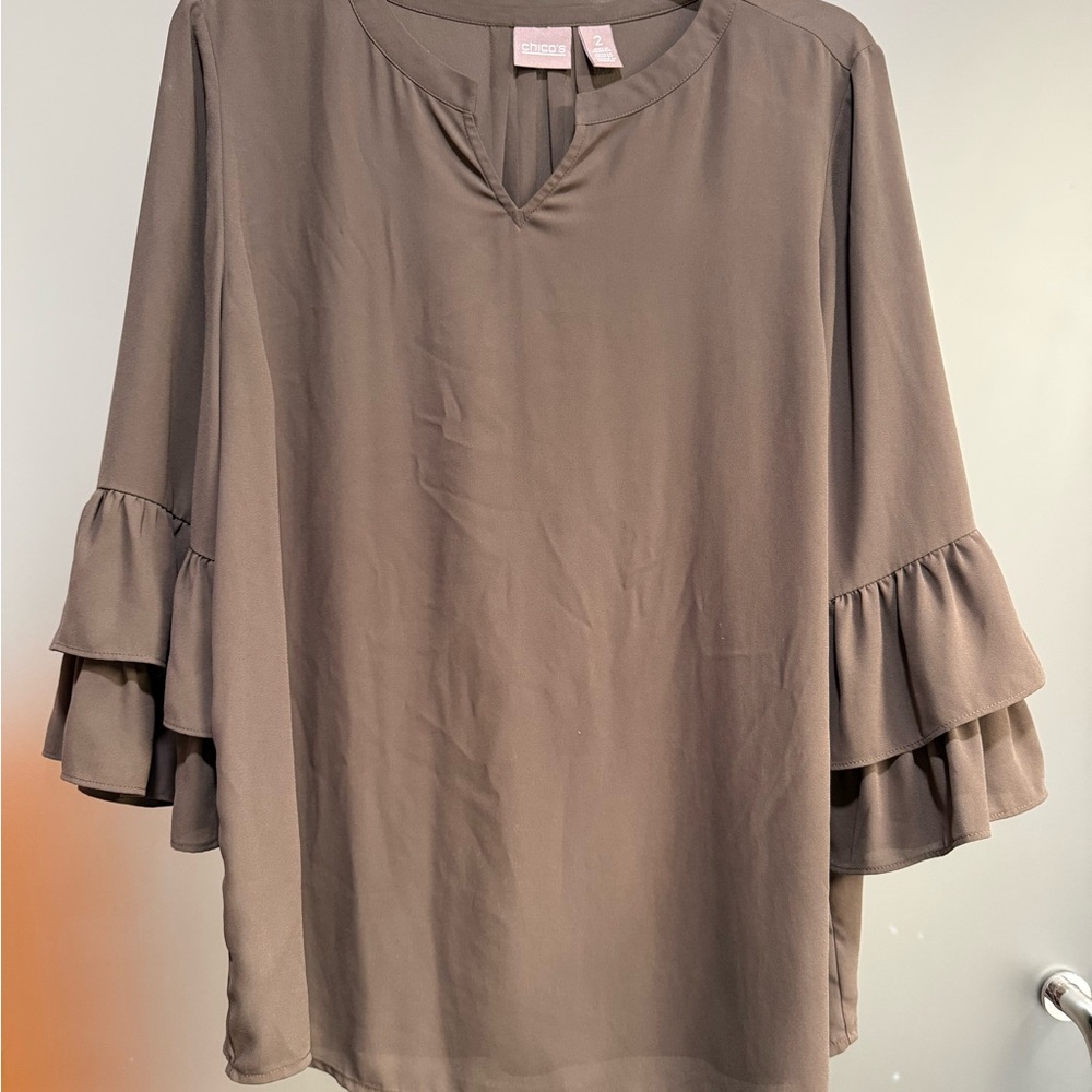 Chico's Taupe Ruffle Sleeve Blouse